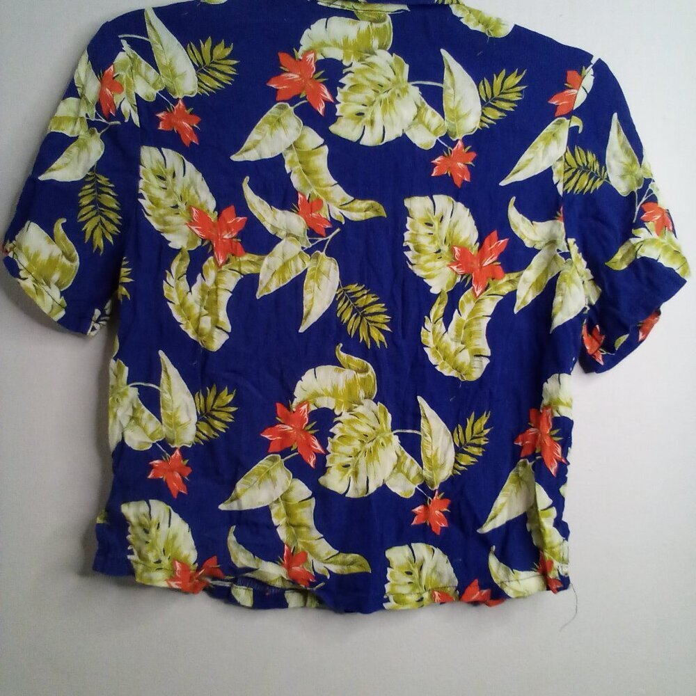 Forever 21 Shirt Women S Button Up Short Sleeve Tropical Hawaiian Blue Yellow - Picture 12 of 15